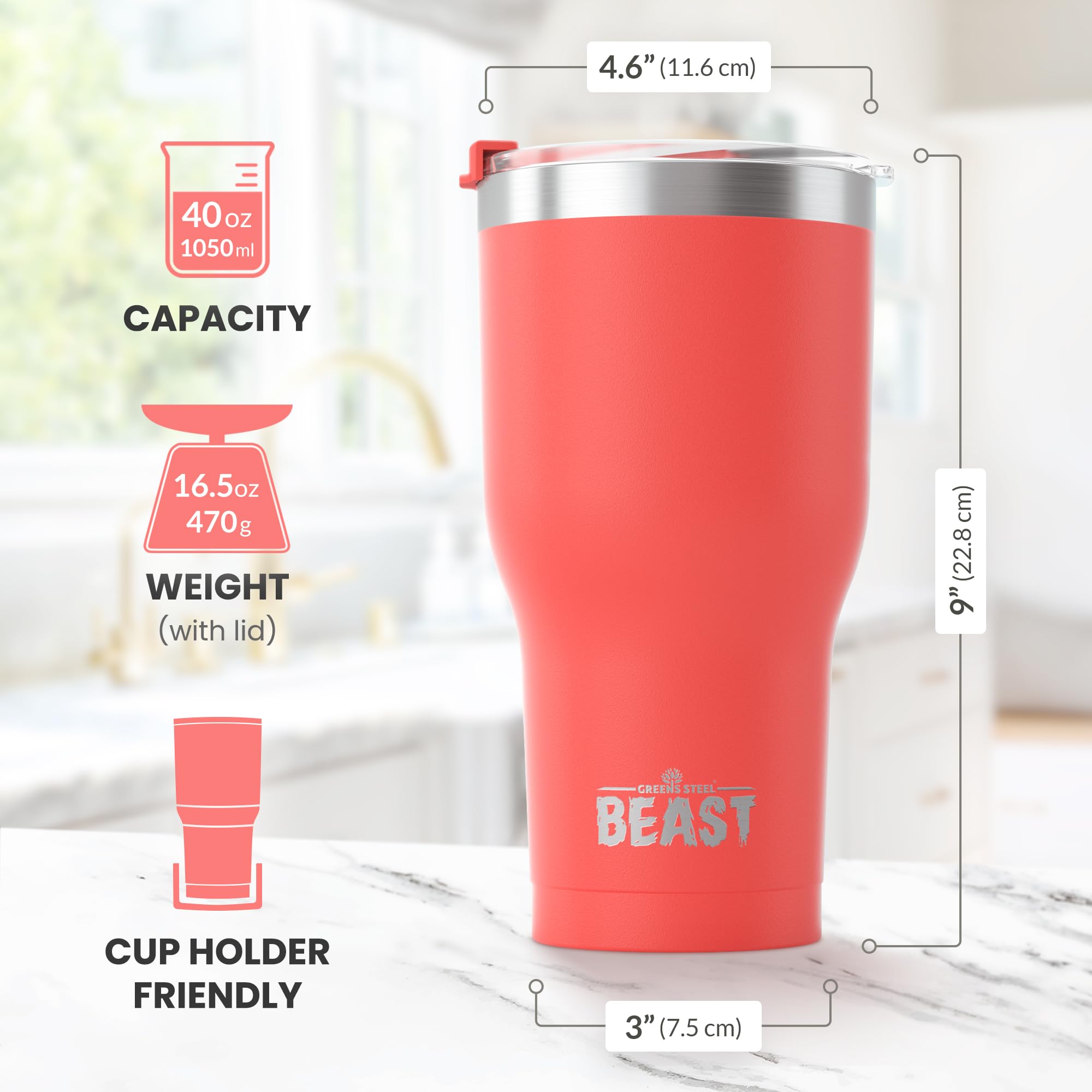 Beast 40 oz Tumbler Stainless Steel Vacuum Insulated Coffee Ice Cup Double Wall Travel Flask (Coral Pink)