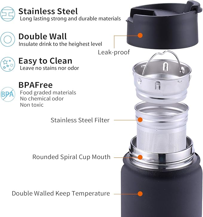 Tea Infuser Bottle With Removable Loose Leaf Tea Strainer Cup 18/8 Stainless Steel Insulated Travel Tea Tumbler Black