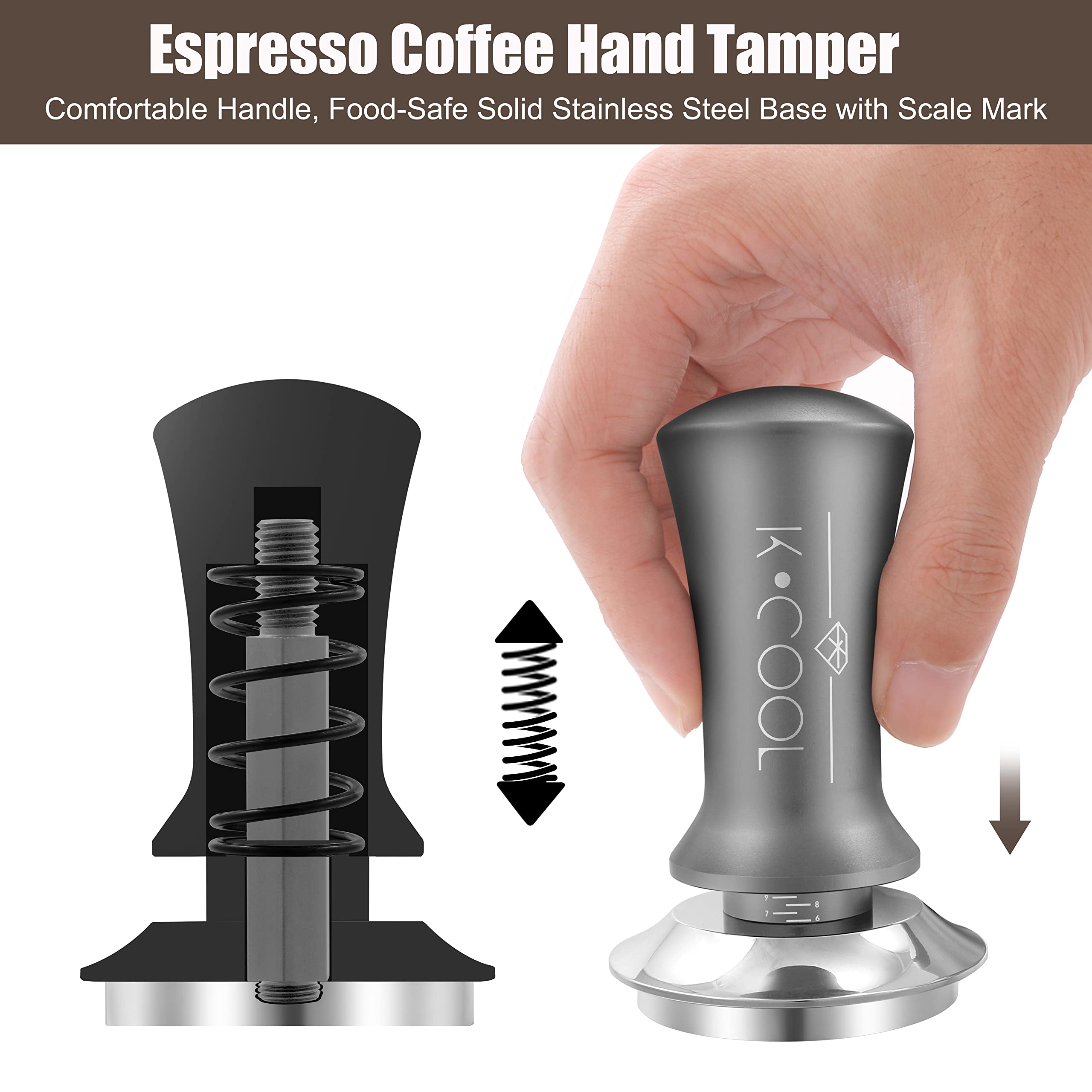 K COOL Espresso Tamper, Coffee Tamper, Premium Barista Tools Tamper with Calibrated Spring 30lb, 100% Stainless Steel Flat Base Tamper with Scale Mark for Espresso Coffee Machine (53mm, Silver)