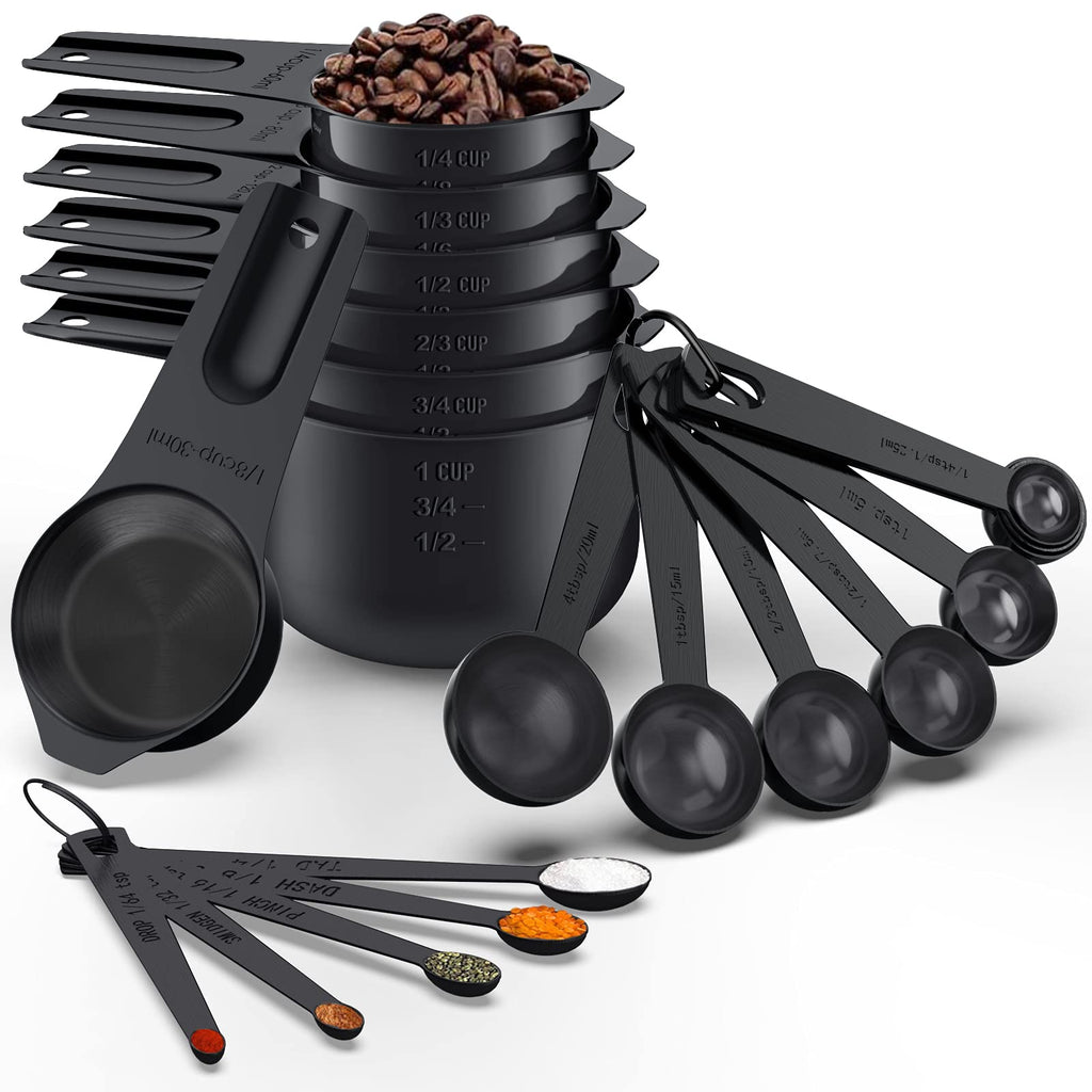 21 Pcs Stainless Steel Measuring Cups and Spoons Set, Wildone Stackable Metal Measuring Cups and Spoons for Cooking & Baking, Includes 7 Cups, 9 Spoons and 5 Mini Spoons（Black）