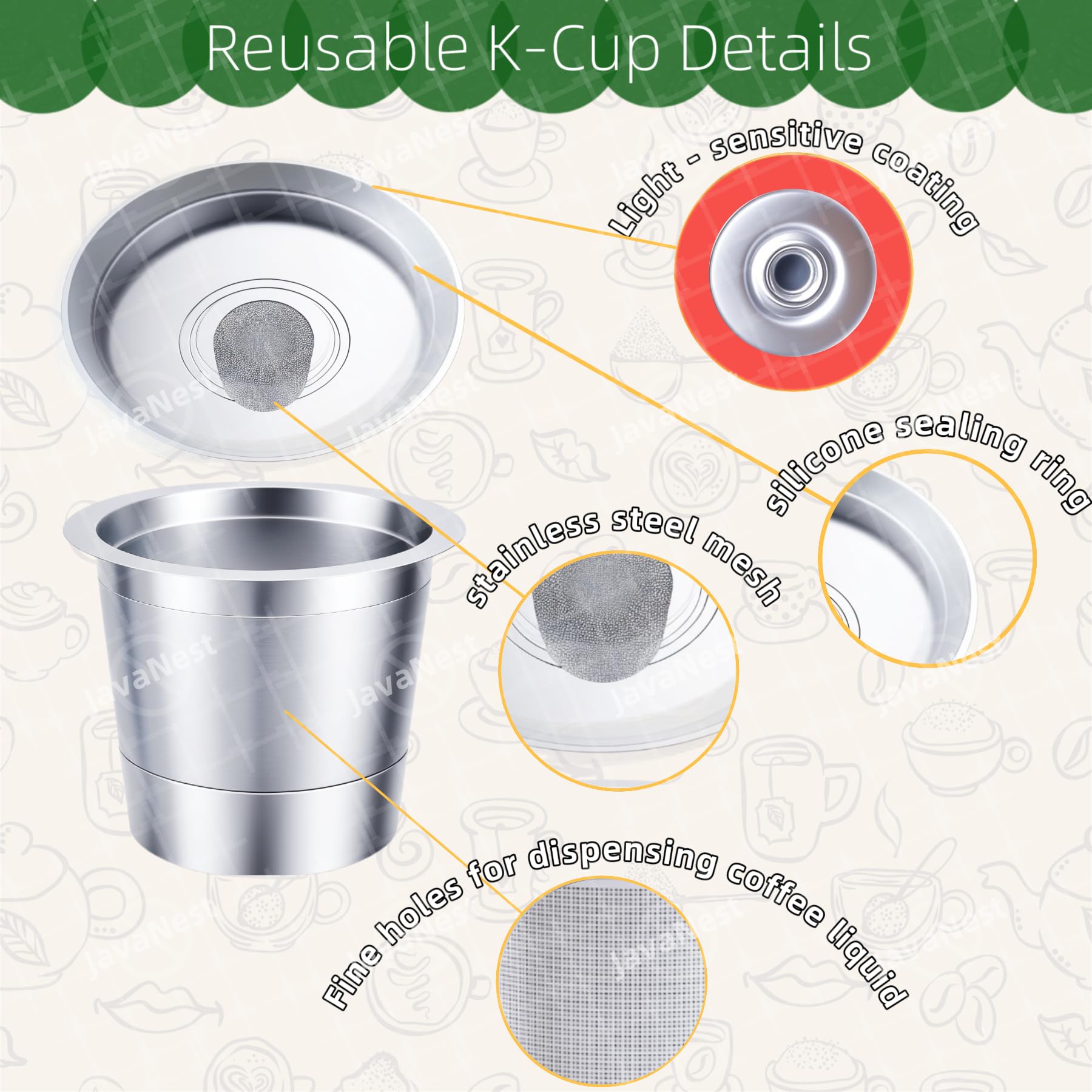 JavaNest 6 Pack Reusable K Cups for Keurig 2.0 & 1.0, Stainless Steel Reusable Coffee Pods for Keurig, Reusable Pods, Refillable Coffee Filter with Scoop & 6 Extra Seals (6 * new for Keurig 2.0 & 1.0)