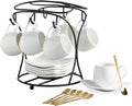 LYEOBOH Espresso Cups with Saucers Set, Porcelain Coffee Cups and Metal Stand and Spoons, Small Demitasse Cups for Espresso, Latte, Cafe Mocha, Cappuccino, and Tea, 3 OZ, Set of 6, White