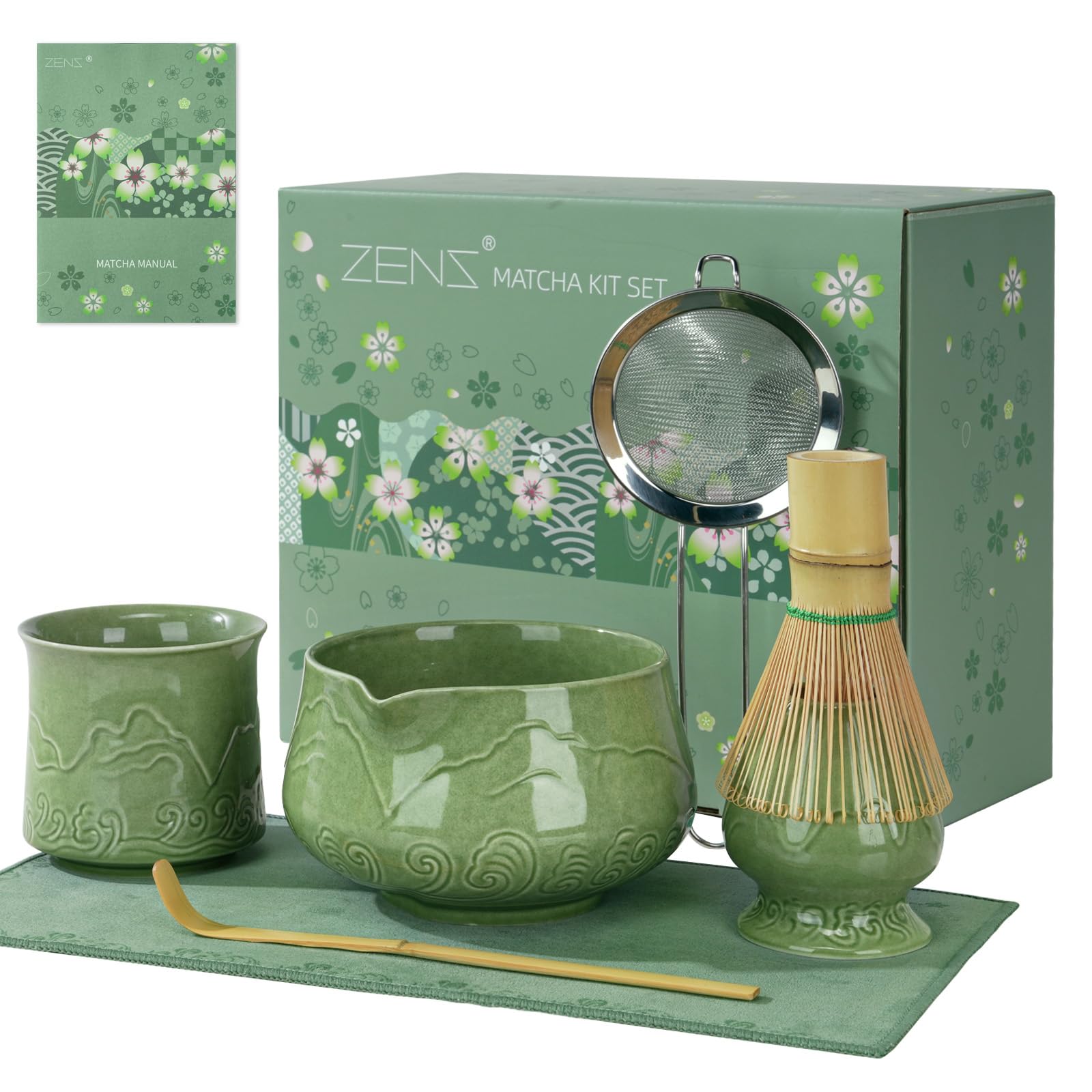 ZENS Premium Matcha Whisk Set with Blooming Cup, 7pcs Matcha Set, Green