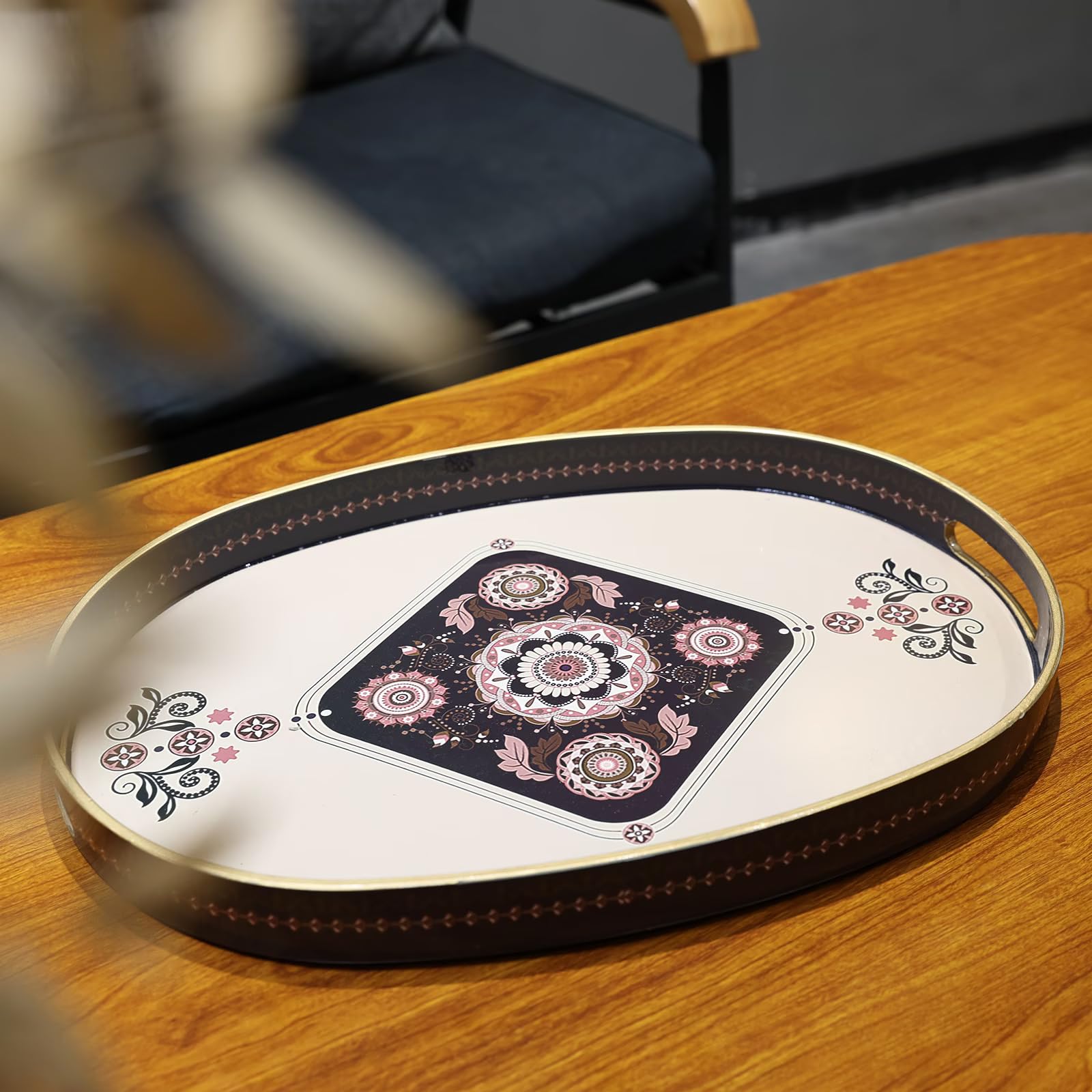 Omuriko Oval Plastic Serving Tray with Handles, Elegant Decorative Tray for Coffee Table, Ottoman, Living Room, Kitchen, Outdoor Use. 10"*16"*1.4" C