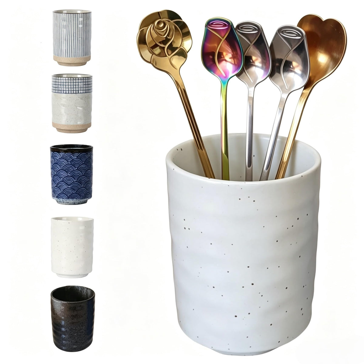 TOPYOKK Stoneware Coffee Bar Utensil Holder Tea & Coffee Spoon & Stirrer Holder for Stir Stick Straw Teaspoon Holder Espresso Spoon Cup Small Utensil Jar (Snow night)