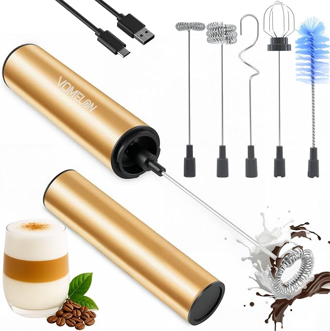 Rechargeable Milk Frother Handheld Electric Frother Wand Milk Foamer Drink Mixer for Coffee, Lattes, Cappuccino, and Egg, Stainless Steel for Travel-Golden