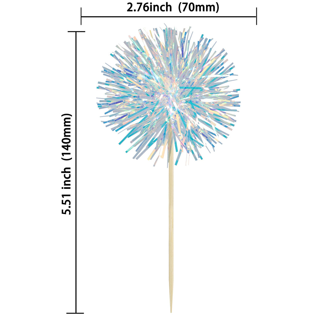 Ephlyn 30Pcs Foil Firework Cupcake Toppers Sparkle Tinsel Cupcake Picks Drink Stirrers Cocktail Food Fruit Toothpicks for Baby Shower Graduation Party Supplies White