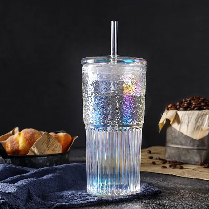 Colorful High Borosilicate Glass Cups With Lids and Glass Straws，20 OZ Rainbow Iced Coffee Water Tumbler Smoothie