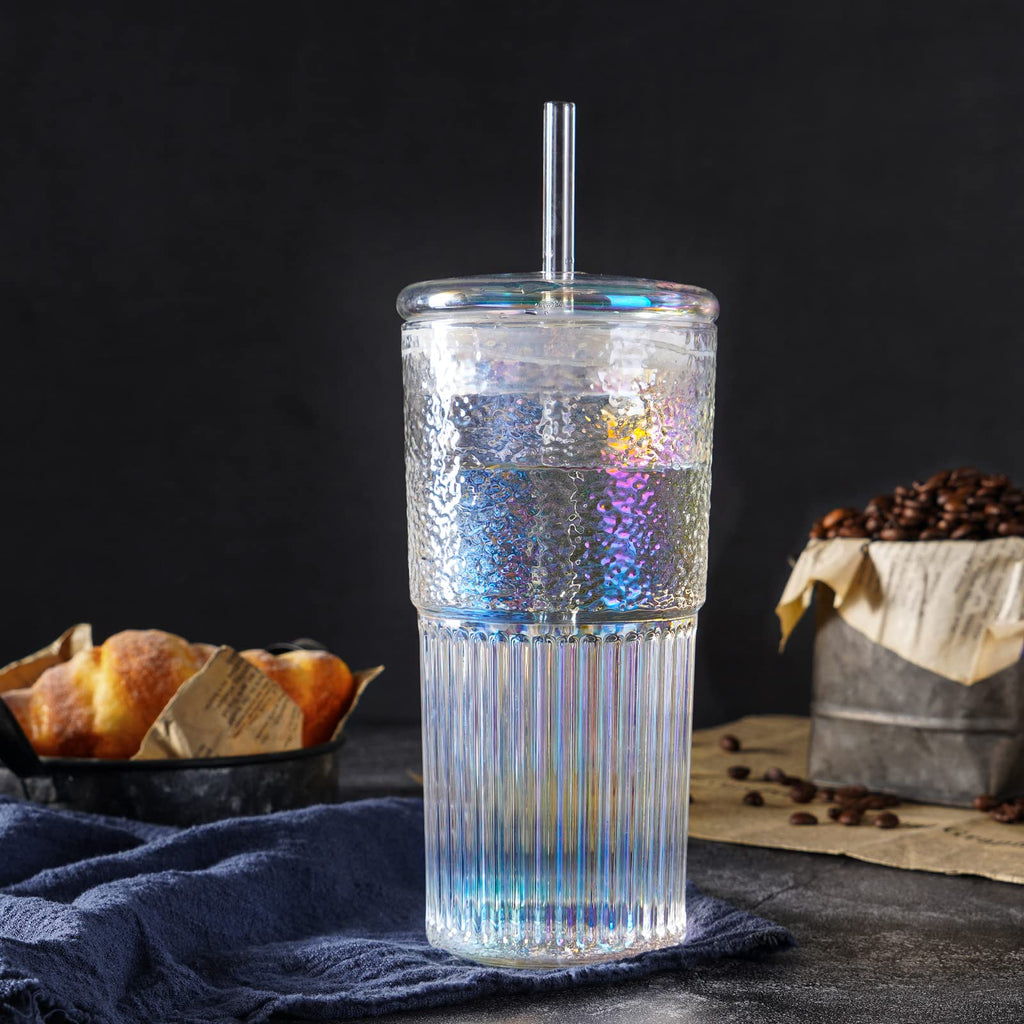 QWEZXO Colorful High Borosilicate Glass Cups With Lids and Glass Straws，20 OZ Rainbow Iced Coffee Water Tumbler Smoothie