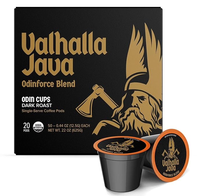 Death Wish Coffee Valhalla Java Single Serve Pods - Extra Kick of Caffeine - Medium Roast Coffee Pods - Made with USDA Certified Organic Fair Trade Arabica and Robusta Beans 10 Count (pack of 1)
