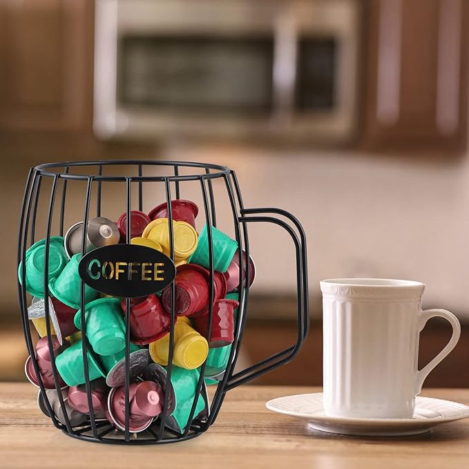 MOLIGOU Coffee Pod Basket, Black, Round, Modern, Rustic, Country-Chic, K Cup Storage, Organizer, Decor, Kitchen Counter, Coffee Bar