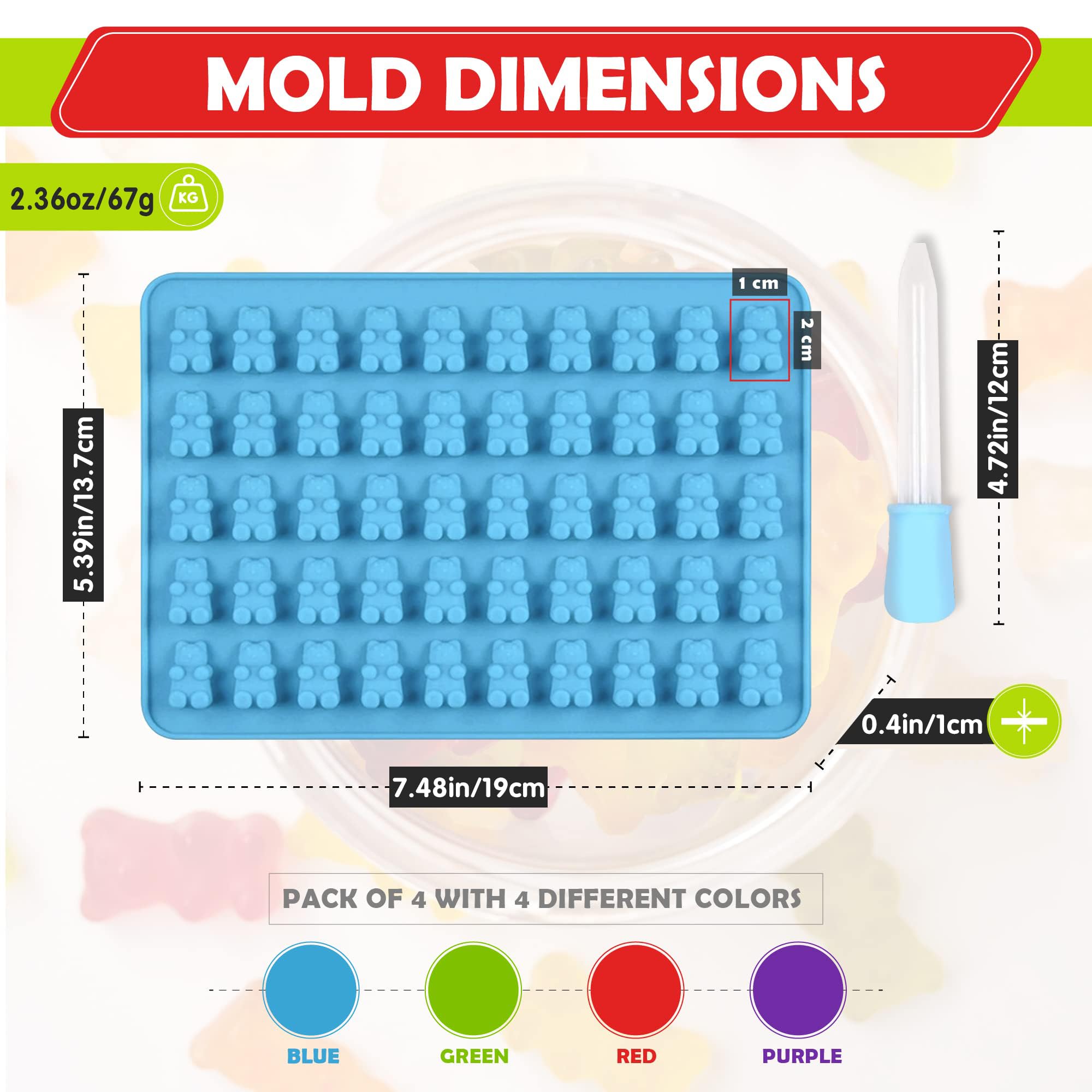 RUGVOMWM Gummy Bear Silicone Candy Molds - Set of 4 Gummy Bear Mold Trays with Dropper, Fun Making Gummy Bears with Non Stick Silicone Candy Molds, Perfect Silicone Molds for Gummy Bear Candy…