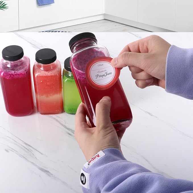 BIGIVACA 8 oz Glass Juice Bottles with Lids,12 PACK Bottles for Juicing,Square Drinking Jars Glass for Coffee,Cola,Milk,Tea in Travel,Work,School