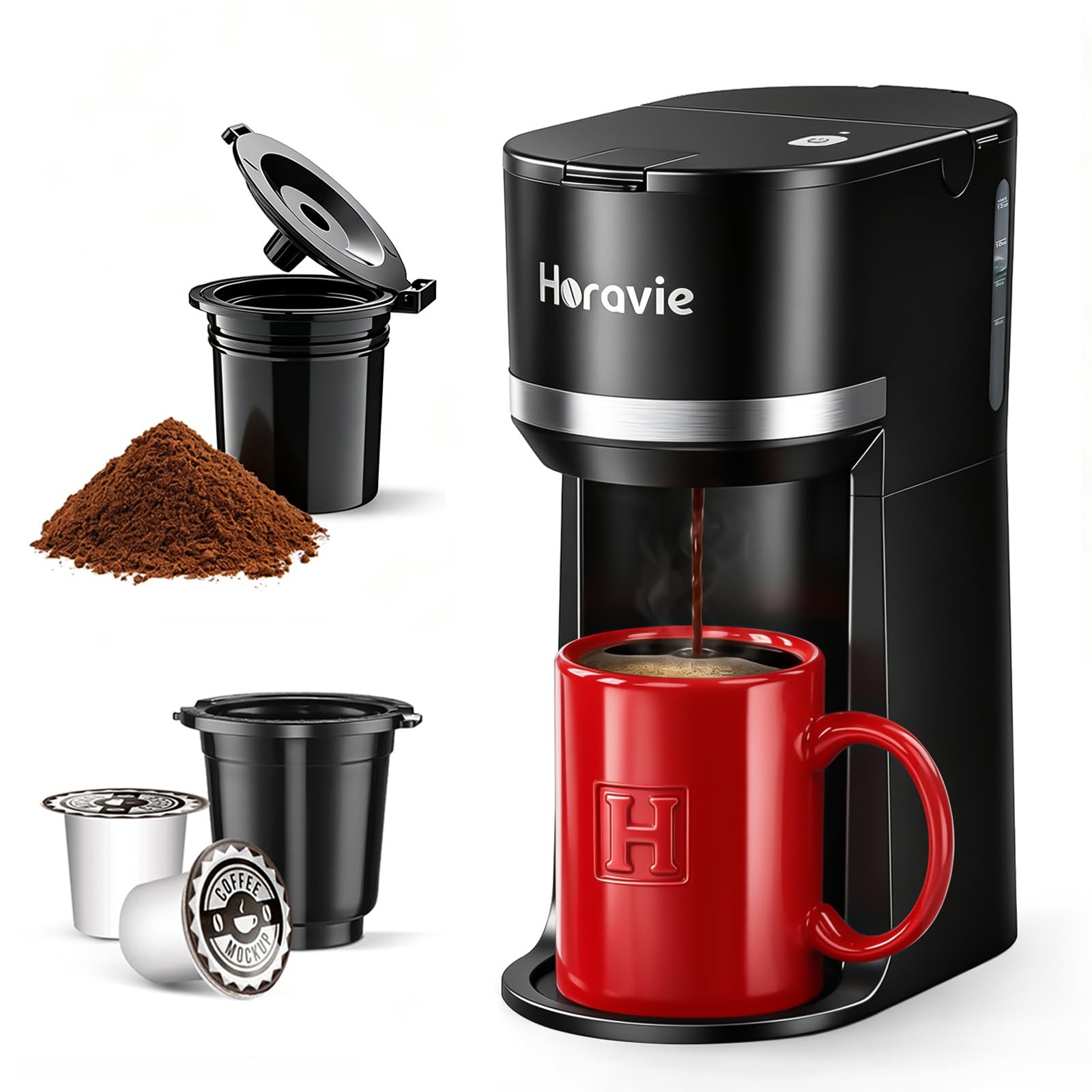 Horavie Small Single Serve Coffee Maker for K Cup and Grounds, Fast Brew One Cup Coffee Machine with One Button, 6 to 12 oz. Brew Sizes, Perfect for Home and Travel, Black