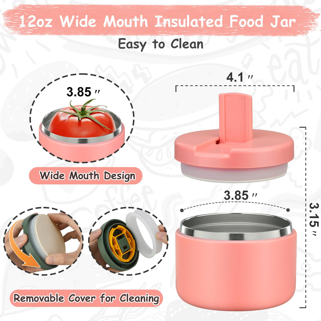Pawtong 12oz Insulated Vacuum Food Jar with Buckle Lid Wide Mouth Soup Thermo for Hot Food Kids Leakproof Stainless Steel Lunch Container- Pink- 1Pack