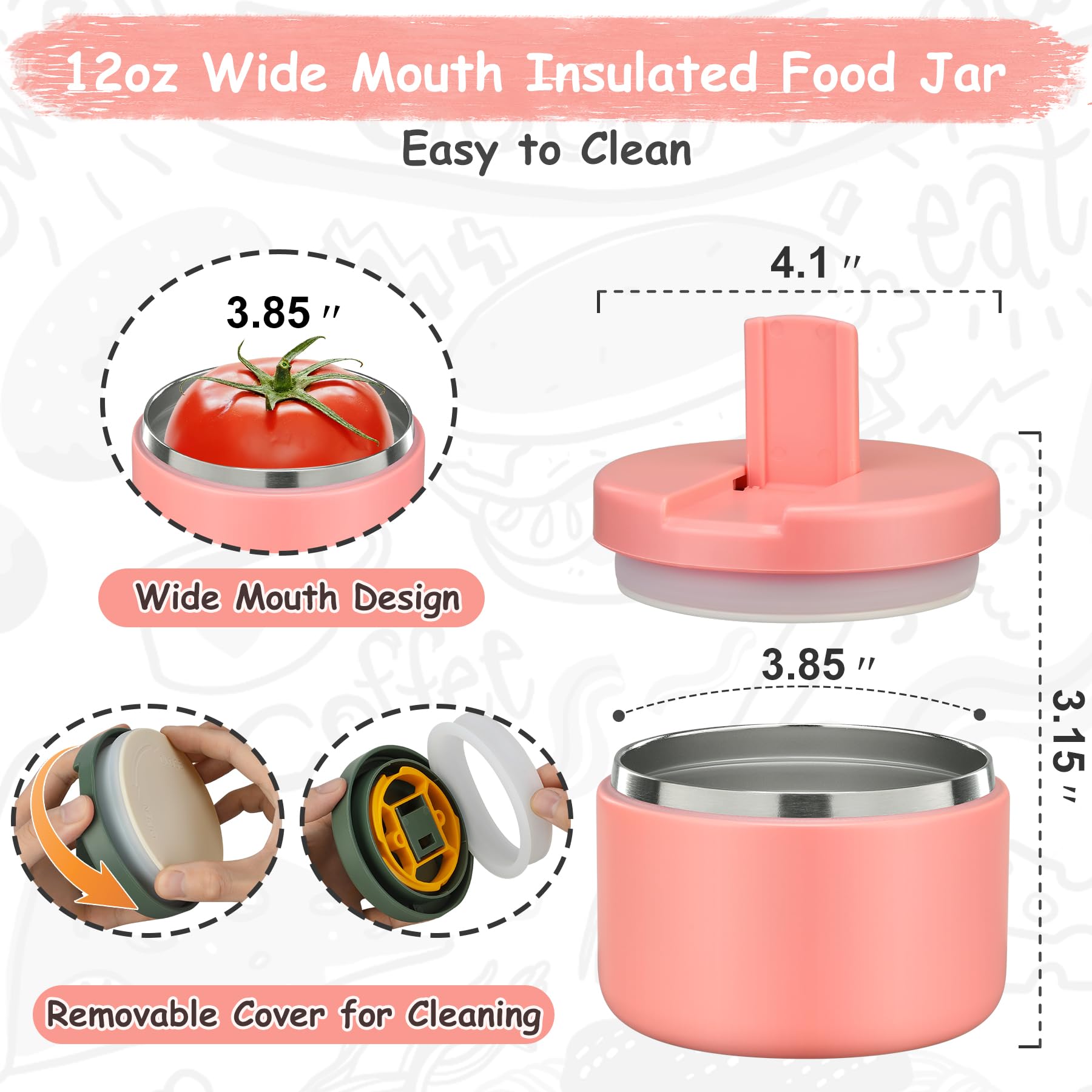 Pawtong 12oz Insulated Vacuum Food Jar with Buckle Lid Wide Mouth Soup Thermo for Hot Food Kids Leakproof Stainless Steel Lunch Container- Pink- 1Pack