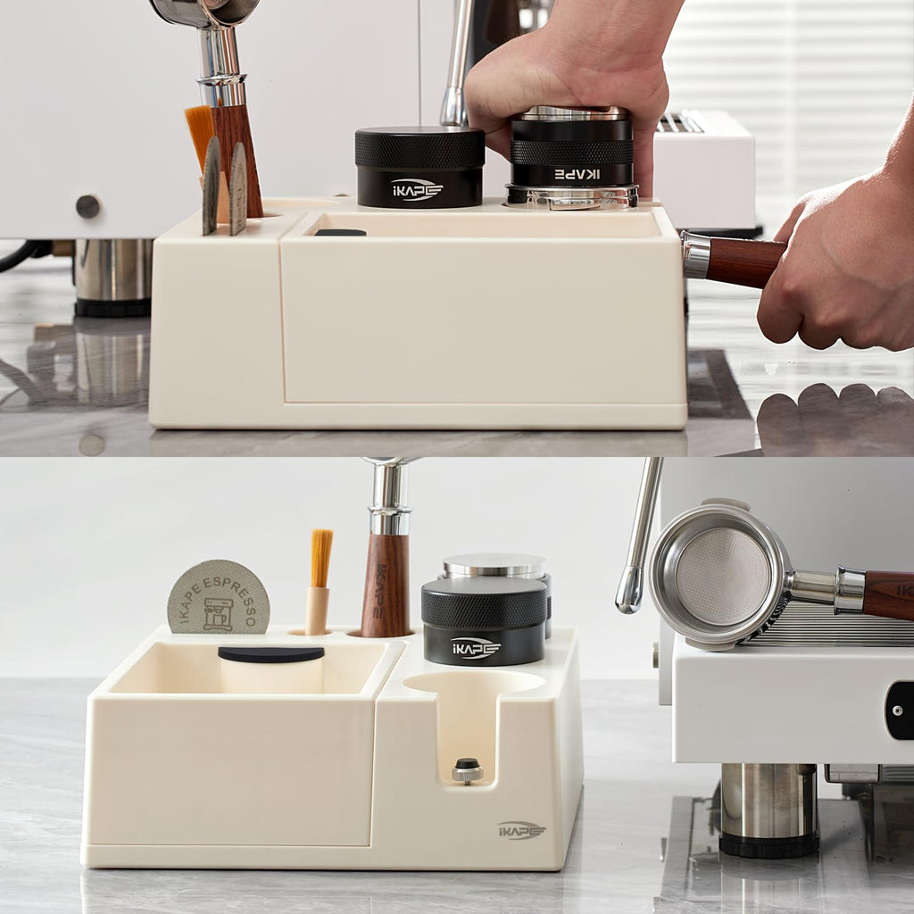 IKAPE Espresso Knock Box, Espresso Coffee Organizer Box Fit for Storage 51, 54, 58MM Espresso Tamper, Distributor, Portafilter & Puck Screen Accessories, Plastic Station Base(White)