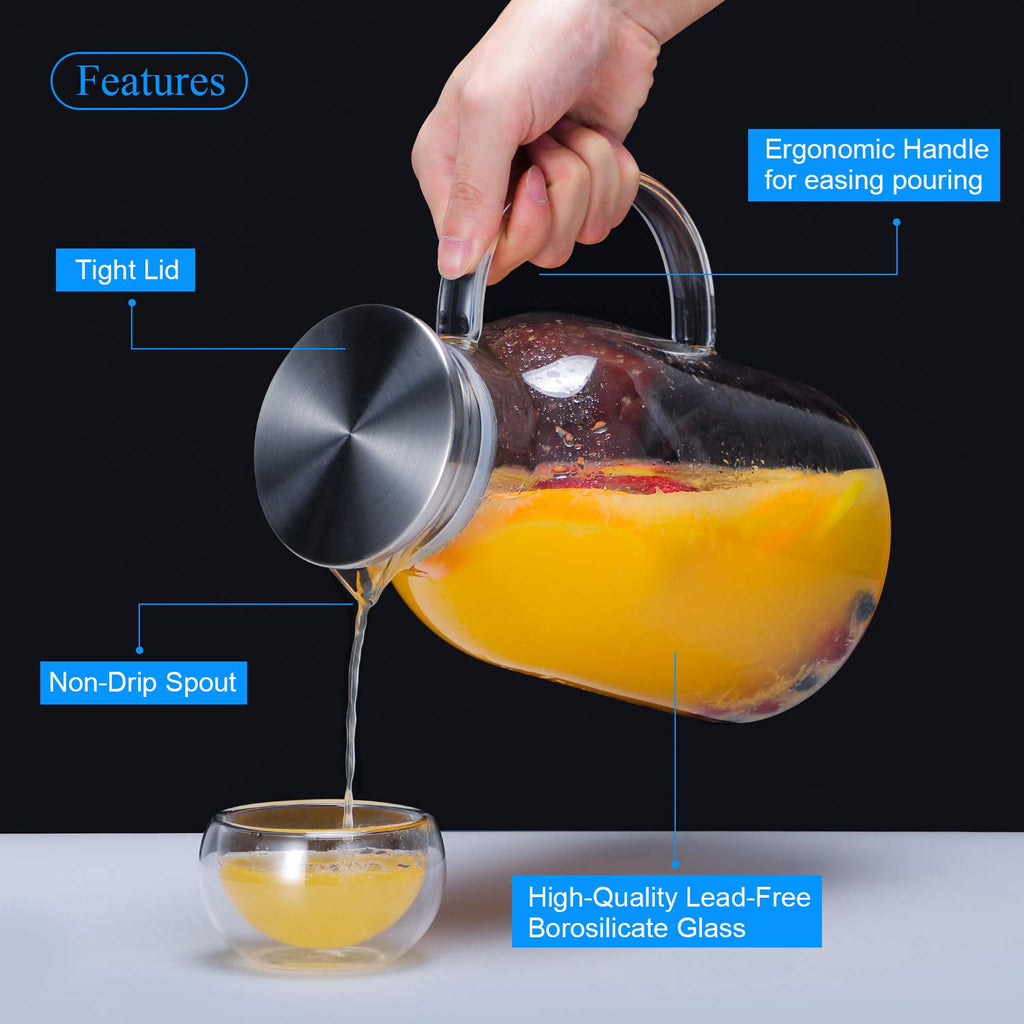 Glass Water Pitcher with Lid and Spout, 68oz/2L Borosilicate Glass