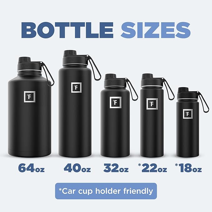 IRON °FLASK Camping & Hiking Hydration Flask with 3 Lids - Stainless Steel, Double Walled & Vacuum Insulated Water Bottle - Leak Proof & BPA Free (Black Marquina, Spout - 22 oz)