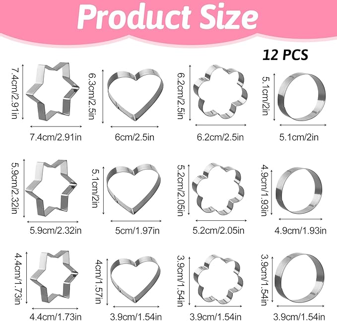 12 Pcs Cookie Cutters Biscuit Cutter Fruit Cutter Shapes Stainless Steel Fondant Cake Mold Heart Flower Star Round Shapes Metal Cutters for Baking
