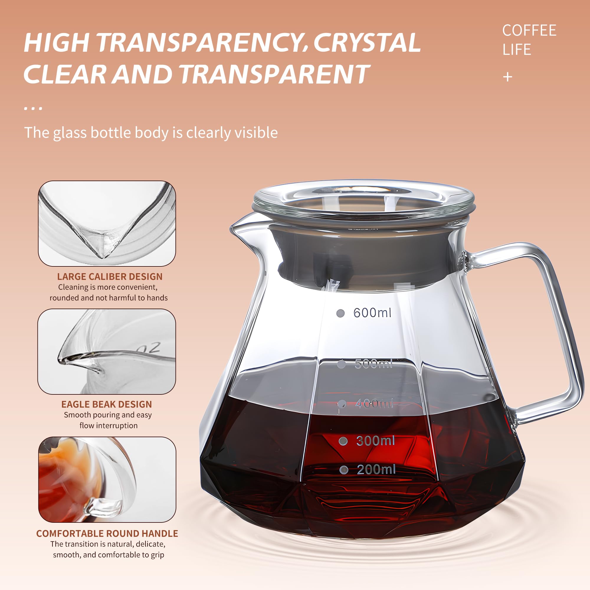 Glass Coffee Server for Drip Coffee Maker, Standard Glass Coffee Carafe, Coffee Pot with Lid, Clear, 02 600ml(20oz)