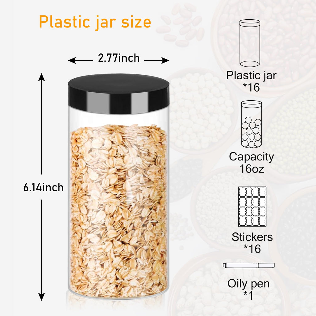 Hajoyful Plastic Jars with Lids 16OZ 16PCS Small Empty Slime Cosmetics Containers Clear Gift Food Jars Round PET Cream Jars with Black Lids Pen Labels for Kitchen Storage Spices Dry Food Butter