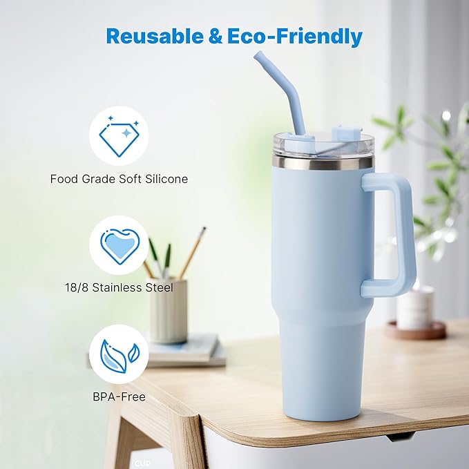 2 Pcs Stainless Steel Straws for 40 oz Stanley Tumbler, Replacement 40 oz Stanley Cup Straw Accessories with Silicone Tips and Cleaning Brush (Light Blue)
