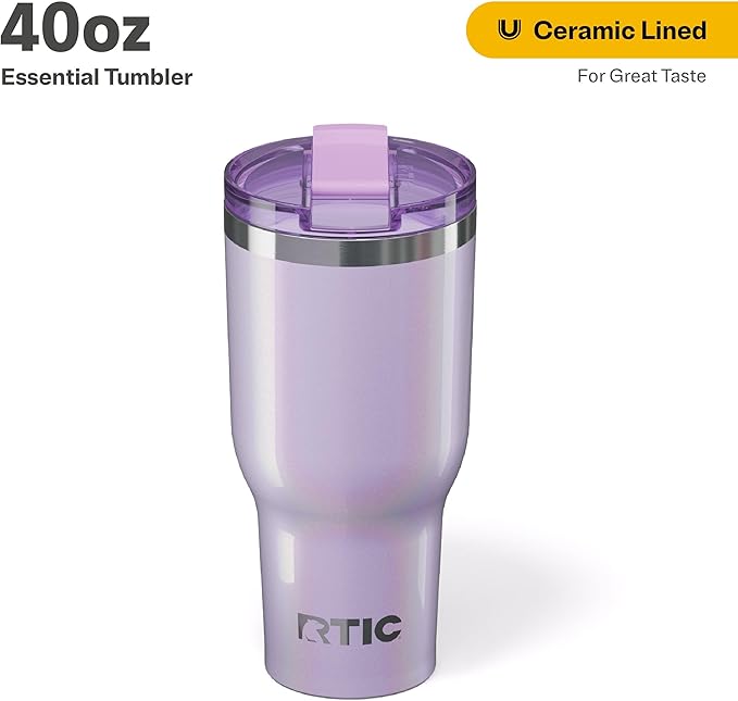 RTIC 40oz Essential Tumbler with Lid, Insulated, Stainless Steel, Metal, Double Wall Vacuum-Insulation, Ceramic Lined, Travel Cup for Iced Coffee, Tea, Hot and Cold Drink, Lavender Glitter