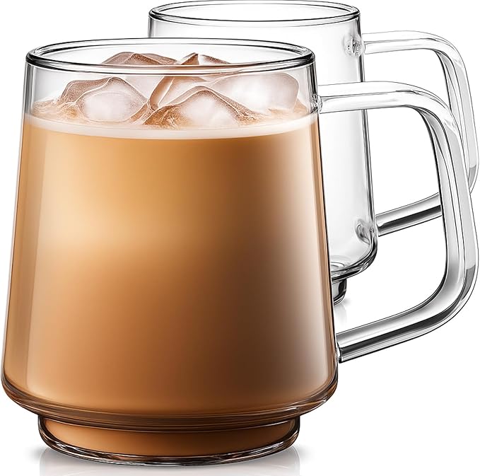 Aquach 16oz Stackable Glass Mugs Set of 2, Large Clear Coffee Tea Cups