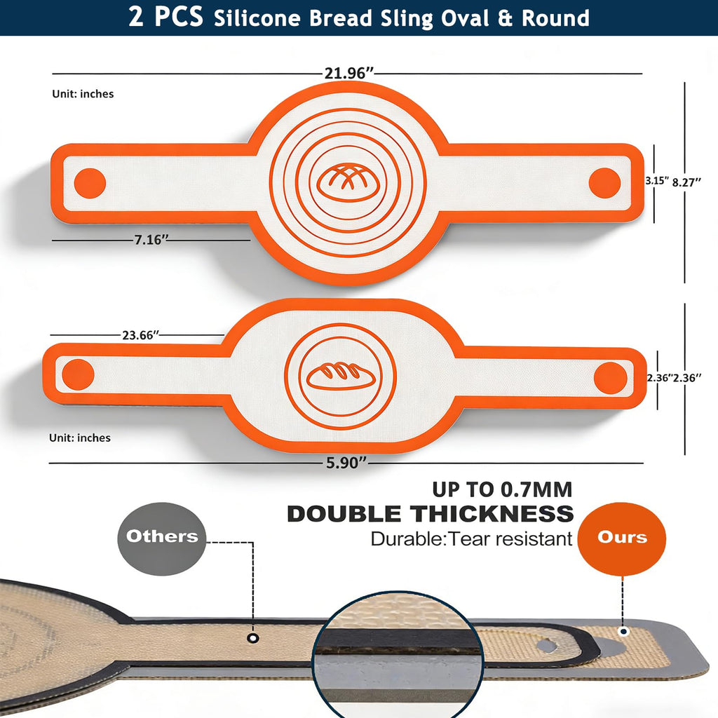 Silicone Bread Sling Oval and Round for Dutch Oven, KITMAL Non Stick Reusable Silicone Baking Mat with Long Handles Sourdough Bread Baking Supplies and Making Tools, Orange