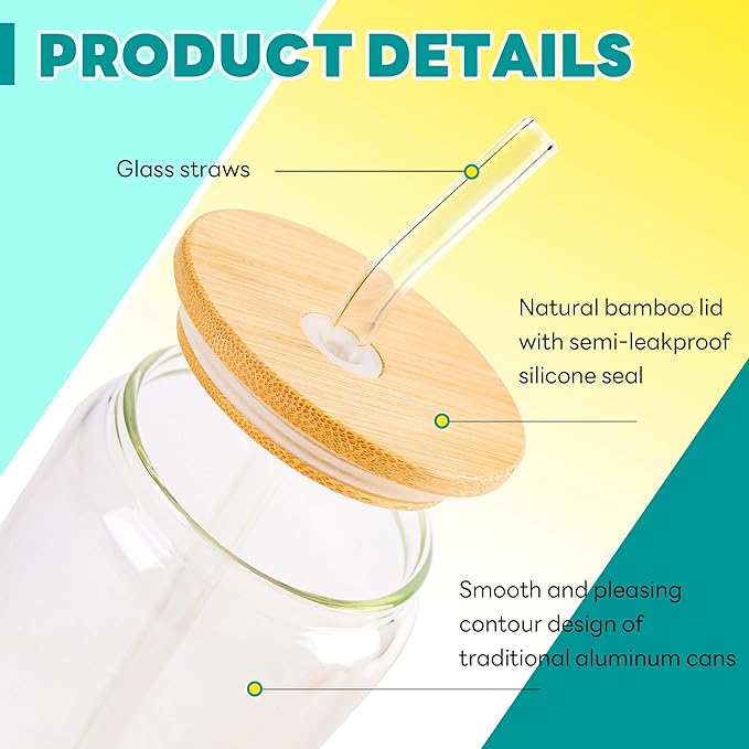 Joyclub Glass Cups with Bamboo Lids and Straws 6 Set 16 oz Reusable Iced Coffee Cup Beer Can Drinking Jars for Smoothie Whiskey Boba Soda Tea Gift