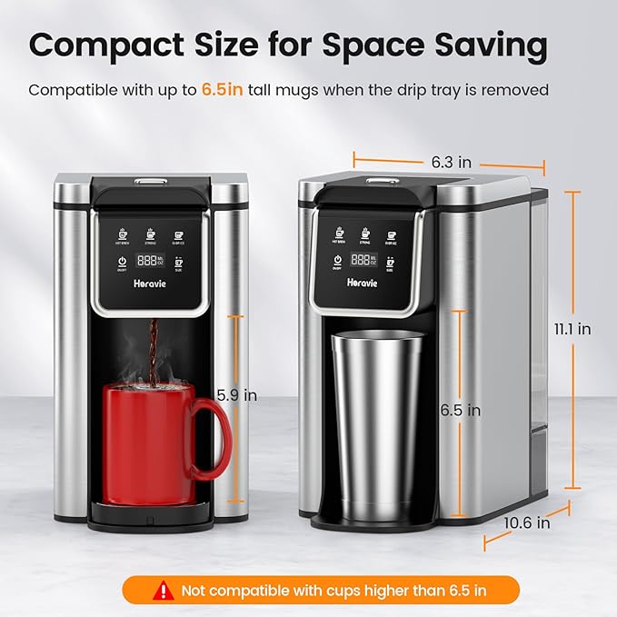 Single Serve Coffee Maker for K-Cup Pod and Grounds, Hot and Iced Coffee Maker with 5 Brew Sizes, 50oz Removable Reservoir, Fast Brewing One Cup Coffee Machine, Stainless Steel, Black