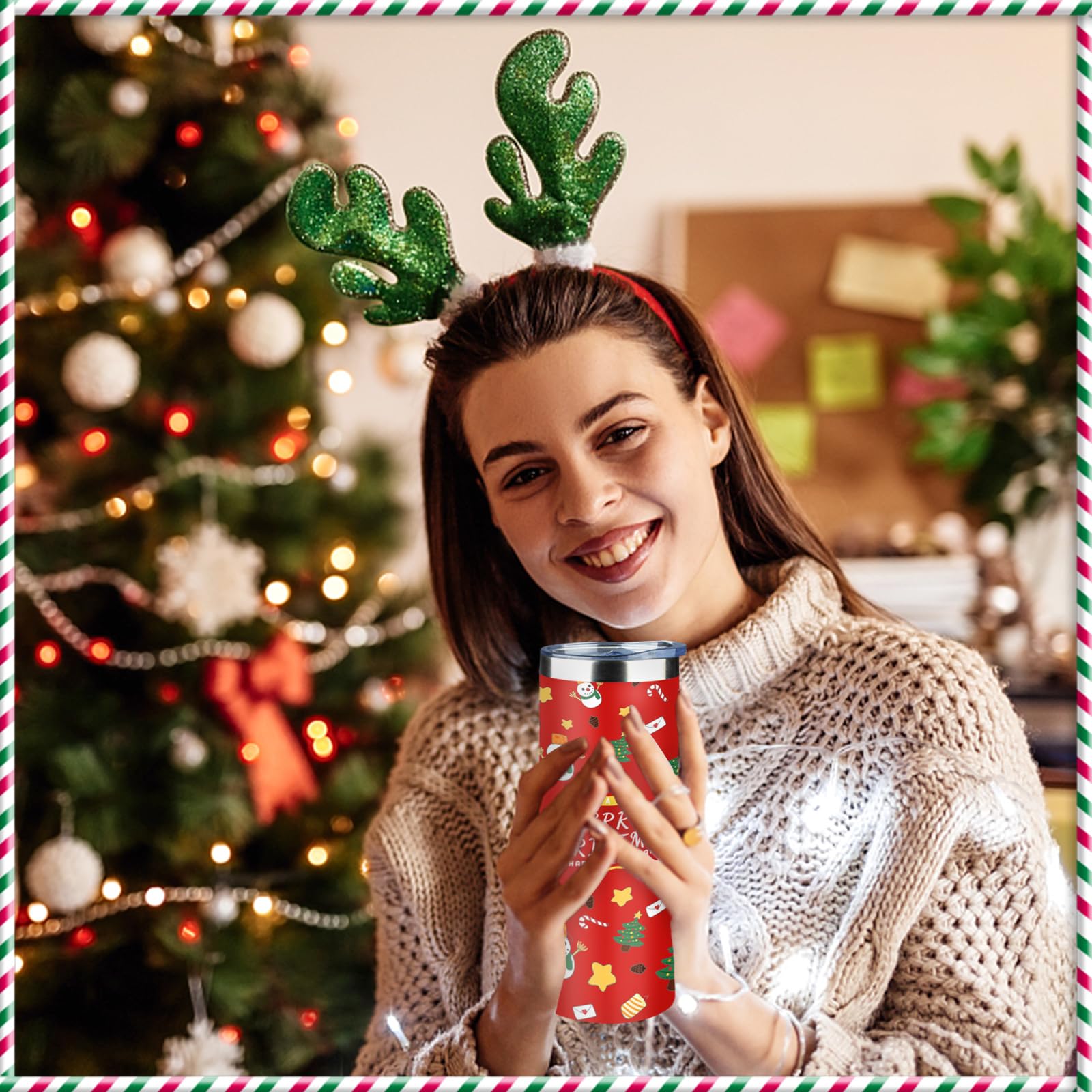 FristChoice 20oz Christmas Skinny Tumbler with Lid and Straw,Stainless Steel Vacuum Insulated Tumbler Cup Double Wall Travel Coffee Mug Christmas Gifts for Women Men(Xmas Elements,2)
