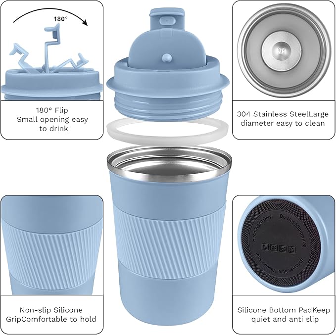YINBAOGE Insulated Travel Coffee Mug Spill Proof Leak Proof Pobtable To Go Camping Stainless Steel Coffee Tumbler Reusable Coffee Cups with Lids Thermos for Hot and Cold Drink (Light blue, 17 OZ)
