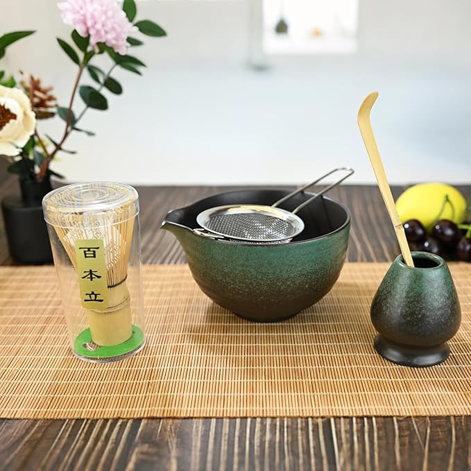 Matcha Whisk Set,Matcha Set Includes Ceramic Bowl with Spout,Stainless Sifter,Scoop,Whisk and Holder,Complete 5 Pcs Japanese Matcha Kit Making Tools,Green