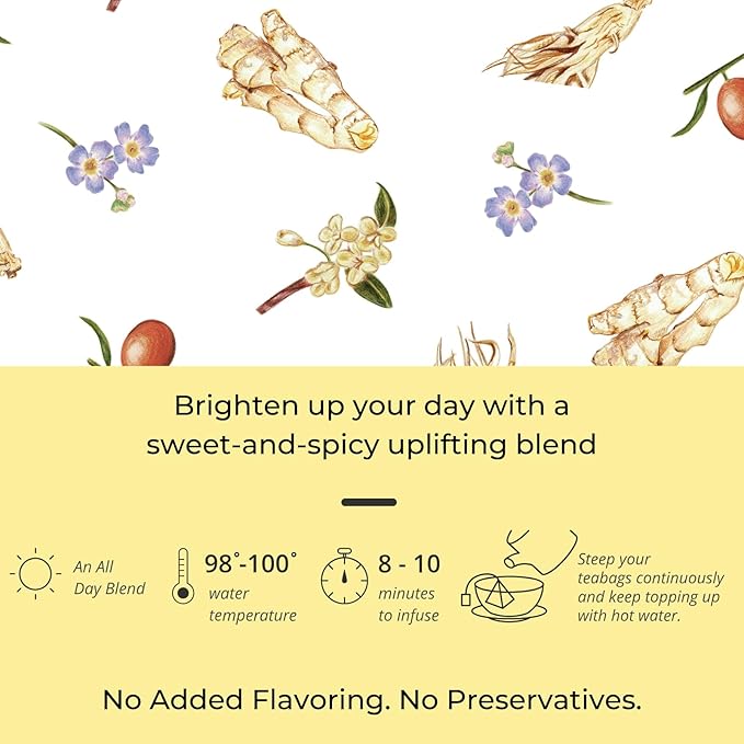Tily Tea Morning Shine Breakfast Tea - Natural Herbal Tea for Focus and Energy - Ginger and Gingseng - Caffeine Free - 10 Plastic-Free Tea Bags