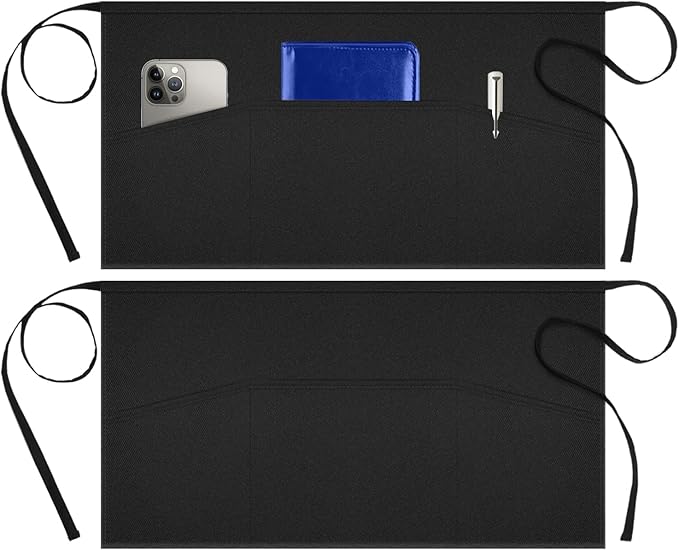 Syntus 2 Pack Server Apron with 3 Pockets, Waterdrop Resistant Waitress Waiter Waist Apron, 11.5-inch Black