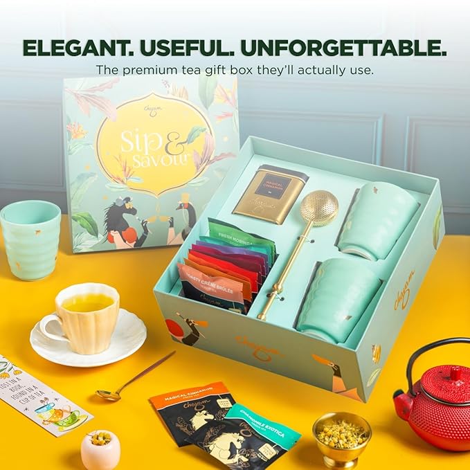 CHAYAM Luxury Tea Gift Set |10 Assorted Tea Bags, Magical Cinnamon 50g, 2 Cups & Brass Strainer | Assorted Gift Box Hamper