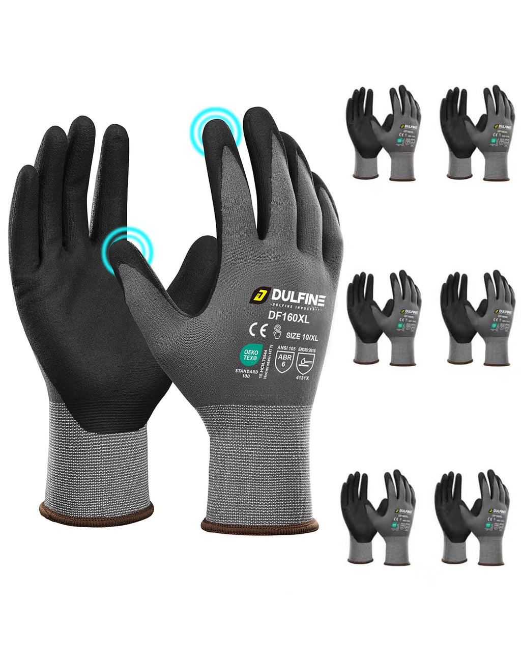 DULFINE MicroFoam Nitrile Coated 6 Pairs Work Gloves for Men Grey XL