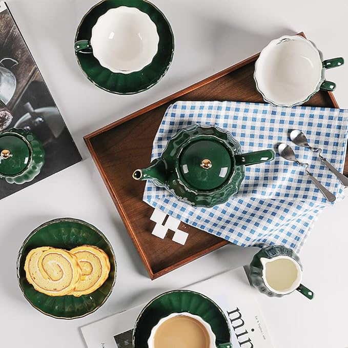 Porcelain Tea Sets British Royal Series, 8 OZ Cups& Saucer Service for 6, with Teapot Sugar Bowl Cream Pitcher Teaspoons and Tea Strainer, Suitable for High Tea, Wedding, Party (Jade)