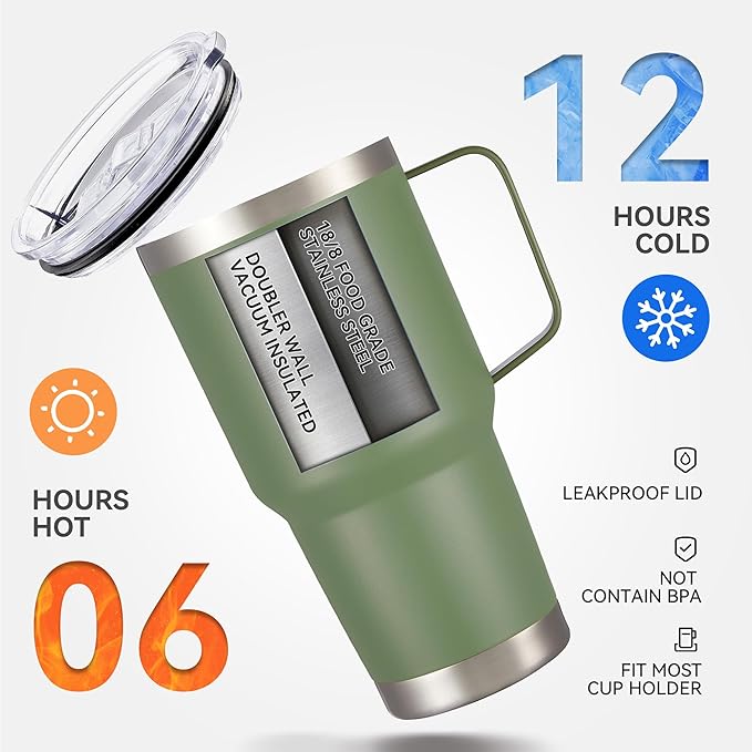 30 oz Tumbler with Handle and Lid, Stainless Steel Tumblers Bulk Double Wall Vacuum Insulated Travel Mug Leak Proof Cup Keep Drinks Cold and Hot Army Green, 12 Pack