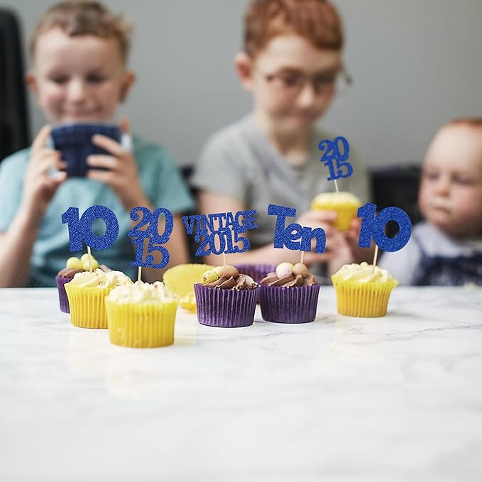 Gyufise 24Pcs 10th Birthday Cupcake Toppers Glitter Ten Vintage 2015 Double Digits 10 Cupcake Picks Birthday Cake Decorations for Happy 10th Birthday Anniversary Party Supplies Deep Blue