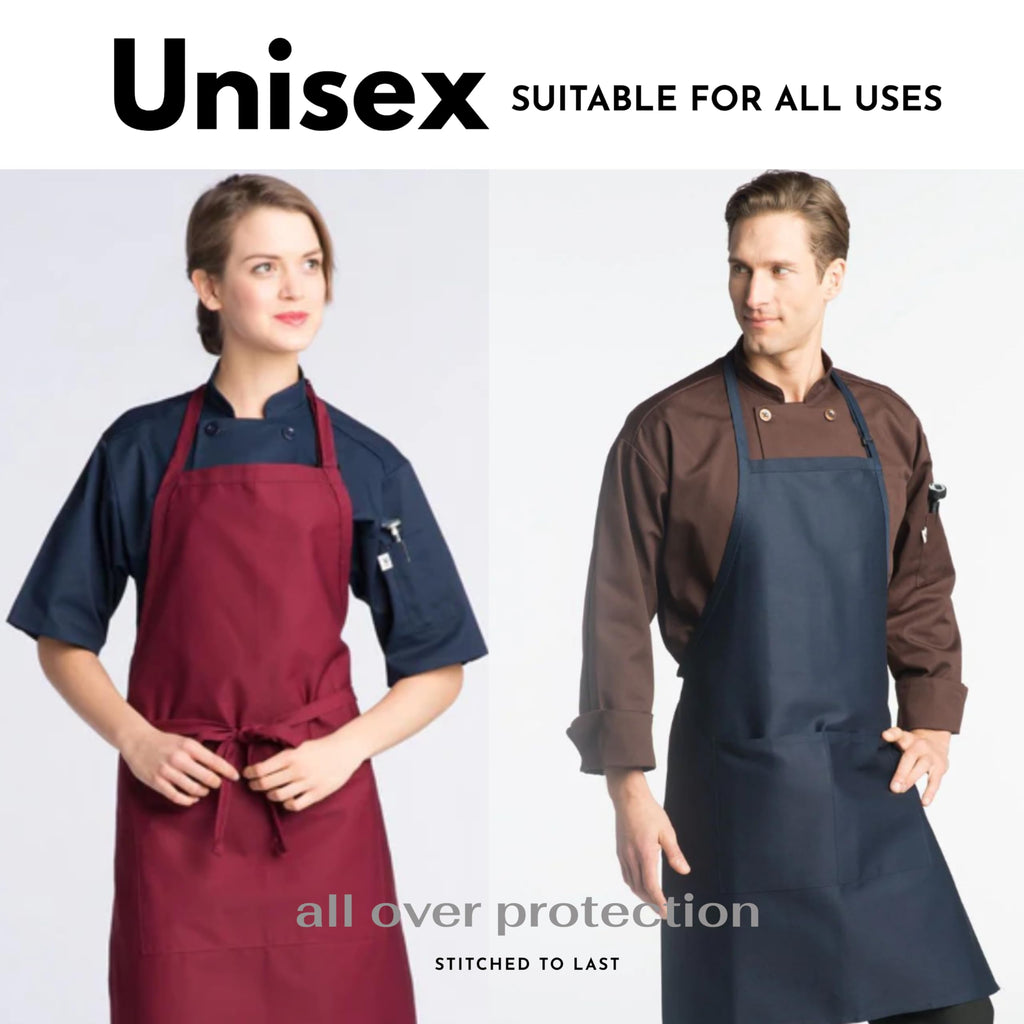 Pomp White 2 Pack Premium Bib Aprons | Adjustable Neck + 2 Pockets | Water + Oil Resistance | Kitchen Cooking Aprons For Men & Women