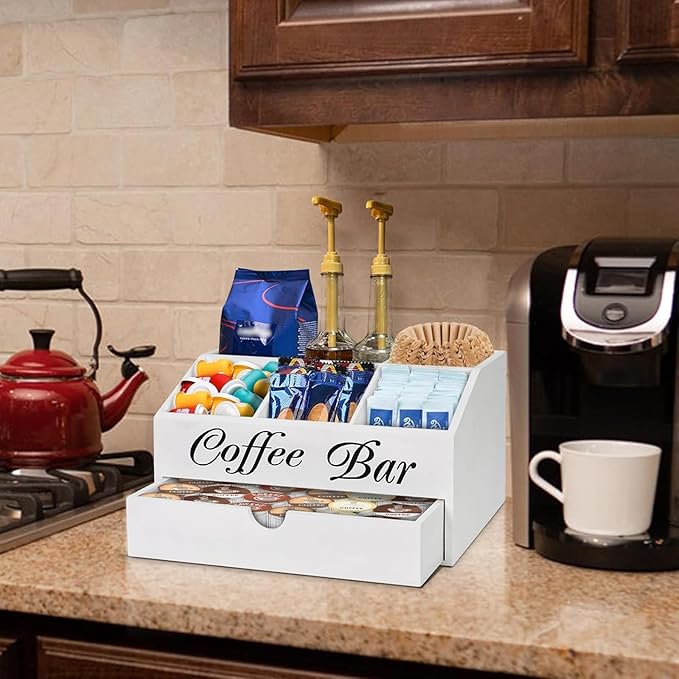 Wooden Coffee Bar Organizer Countertop With Drawer, Station Accessories, Pods Holder Storage Basket, Farmhouse Tea Condiment Organizer