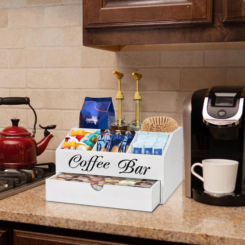Coffee Bar Organizer Countertop, Wooden Bar Accessories With Drawer, Coffee Station Organizer Pods Holder Storage Basket, Farmhouse Tea Condiment Station