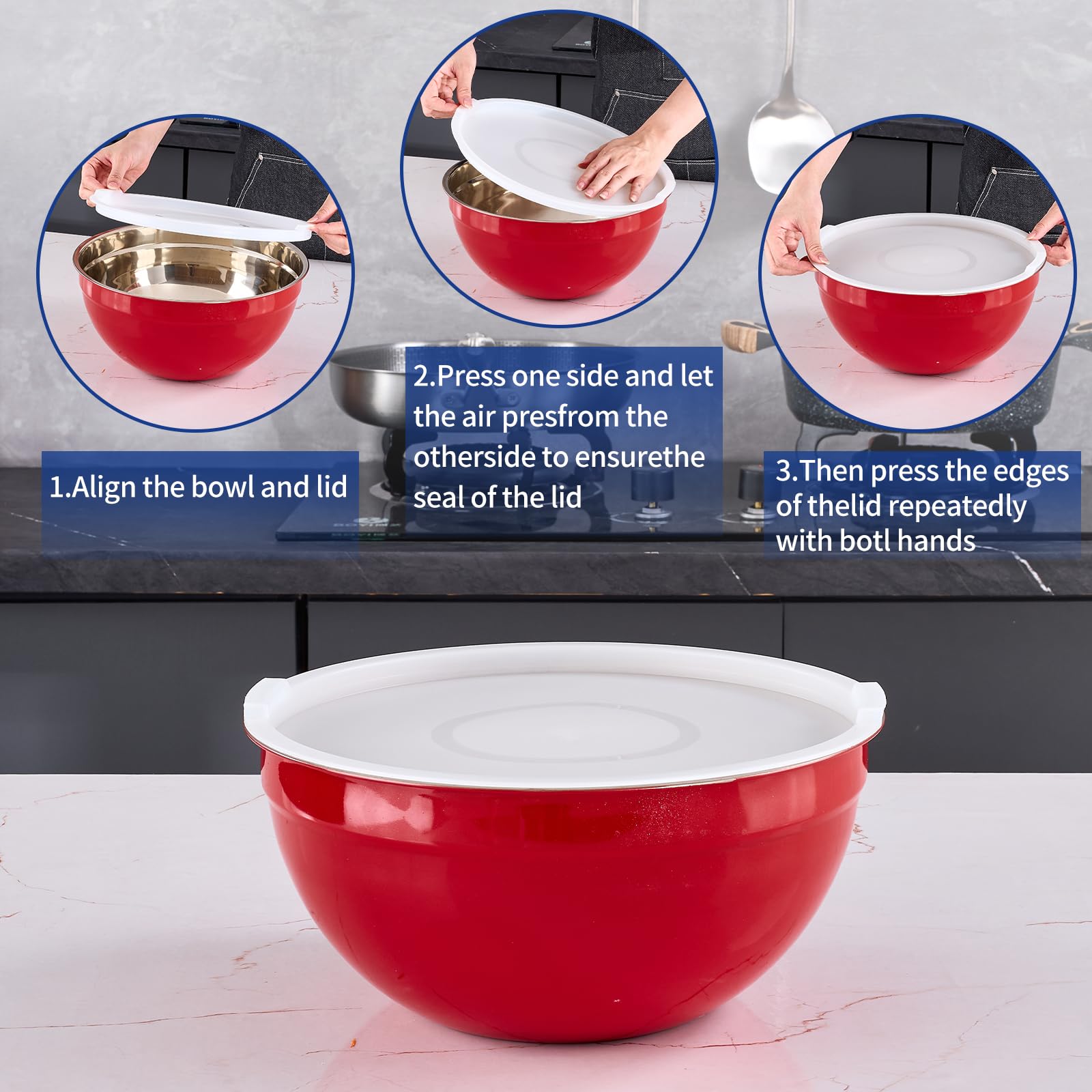 Onlycooker Red Mixing Bowls With Airtight Lids,Stainless Steel Bowl,Salad Bowls 7 Piece Colorful Nesting Bowl Red Kitchen Accessories,Size 7,3.6,2.7,2.1,1.5,1.1,0.8QT Stackable Design