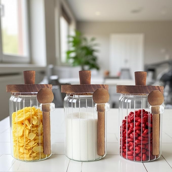 Set of 3 Glass Food Storage Jars with Handles Wood Lid and Spoon, 25 oz Glass Kitchen Canisters for Coffee, Tea, Cereal, Spice and Canning, Mason Jars, Cute Jar