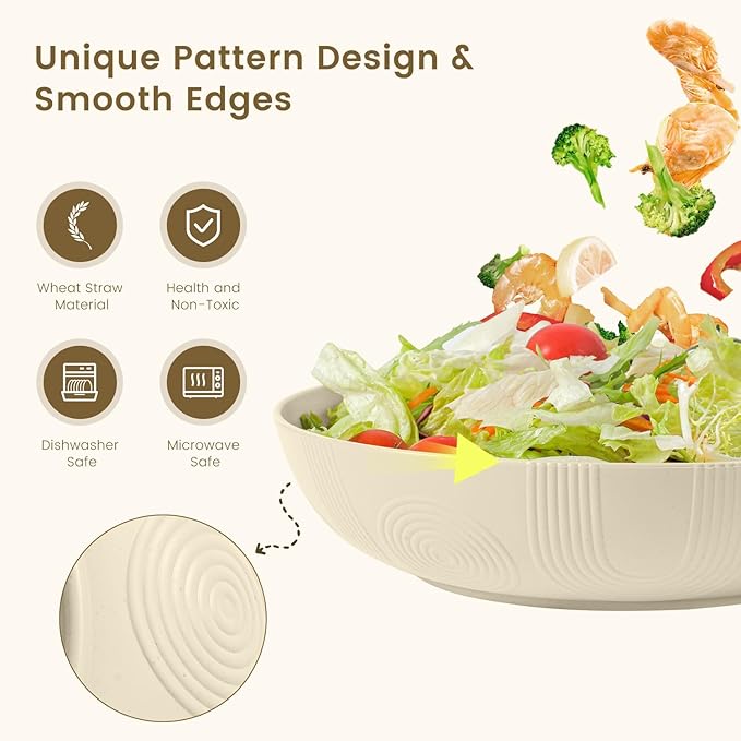 Homienly 65 oz Large Salad Bowls Wheat Straw Big Bowls 10 inch Serving Bowls Wheat Straw Plates Bowls Set of 6 Wide and Shallow Bowls for Kitchen Dishwasher Safe-Beige