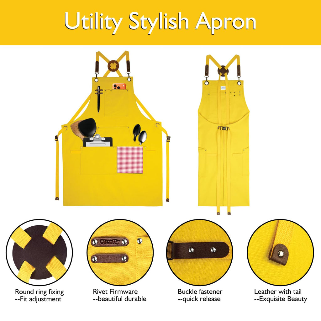 Stenffy Kitchen Apron, Work Apron, Canvas Apron, Yellow