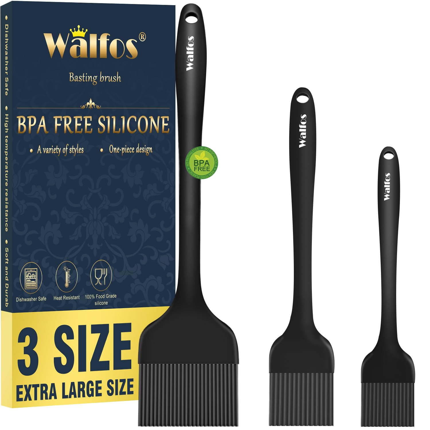 Walfos 3 Size Basting Brush, 600°F High Heat Resistant Silicone Pastry Brushes for BBQ, Baking, Kitchen Cooking, Desserts- BPA Free&Dishwasher Safe